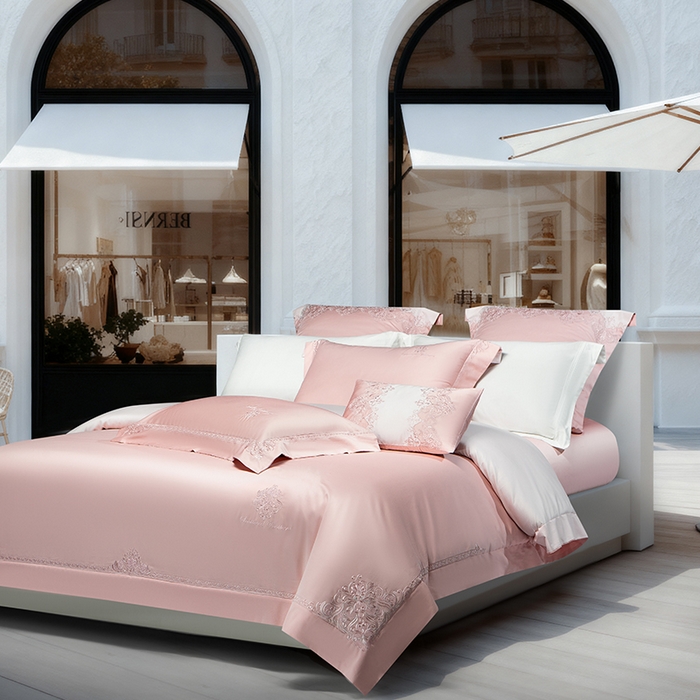 91家纺网 家纺一手货源 找家纺 诗黛尔 2026春夏新款长绒棉刺绣 克罗星系列 克罗星-落樱粉