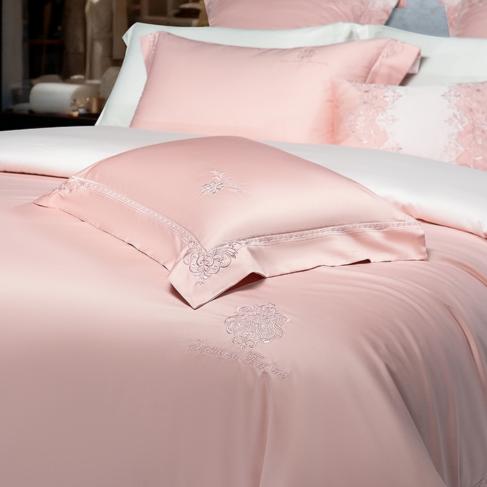 91家纺网 家纺一手货源 找家纺 诗黛尔 2026春夏新款长绒棉刺绣 克罗星系列 克罗星-落樱粉