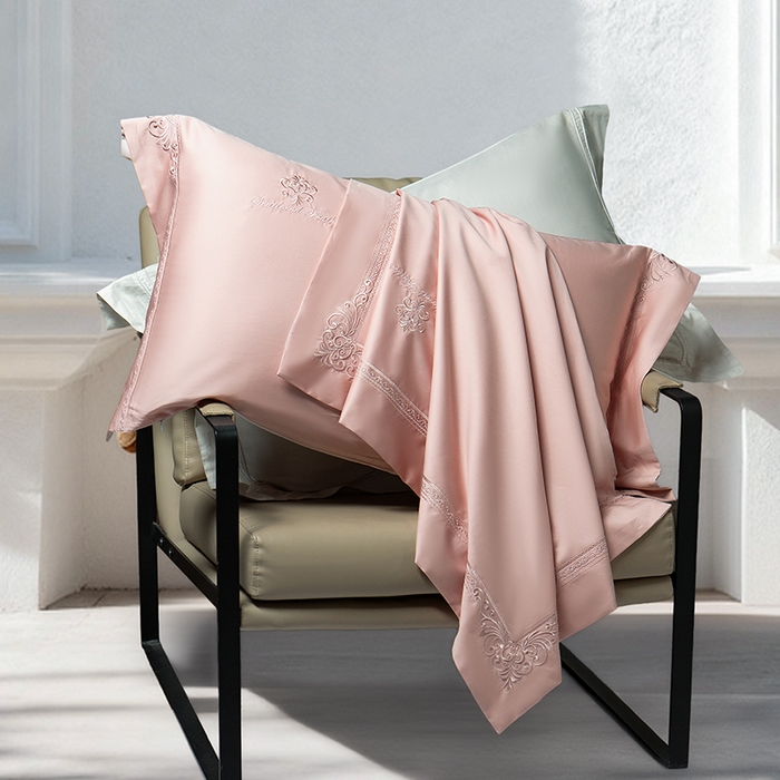 91家纺网 家纺一手货源 找家纺 诗黛尔 2026春夏新款长绒棉刺绣 克罗星系列 克罗星-落樱粉