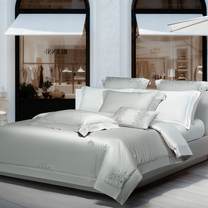 91家纺网 家纺一手货源 找家纺 诗黛尔 2026春夏新款长绒棉刺绣 克罗星系列 克罗星-绅士灰