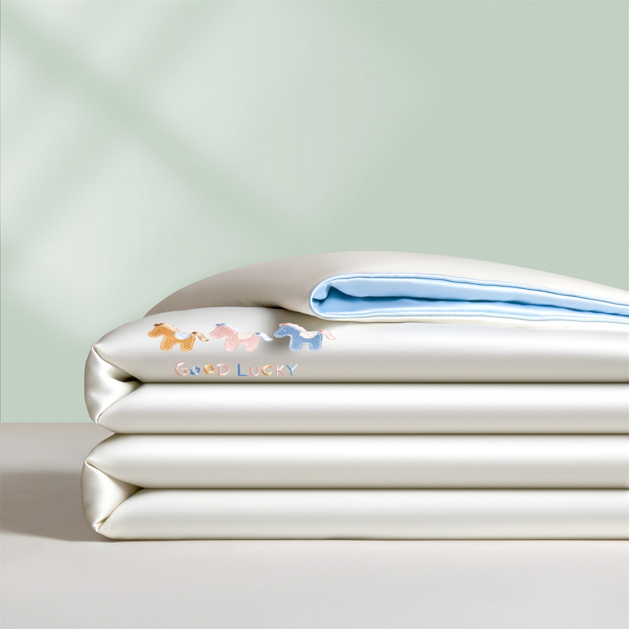 91家纺网 家纺一手货源 找家纺 笙意家纺 2026新款小马元素刺绣夏被-以梦为马系列 以梦为马-白+天蓝