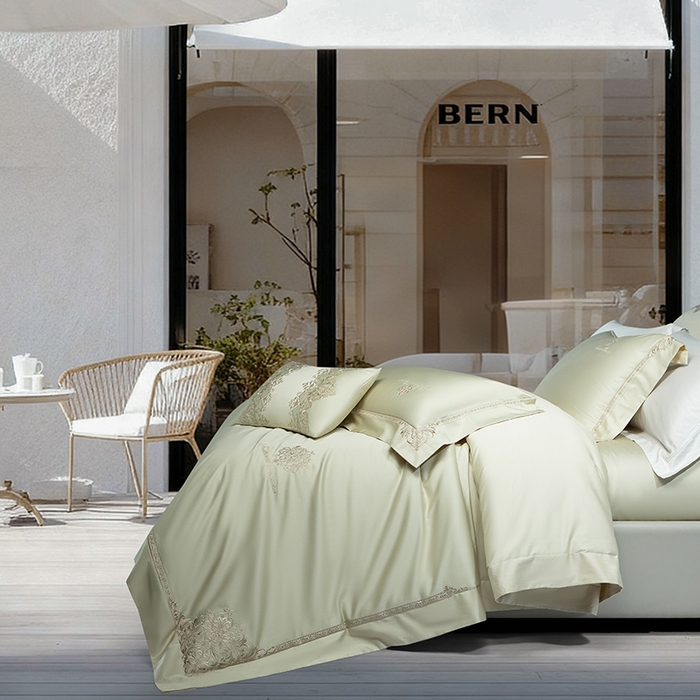 91家纺网 家纺一手货源 找家纺 诗黛尔 2026春夏新款长绒棉刺绣 克罗星系列 克罗星-油果绿