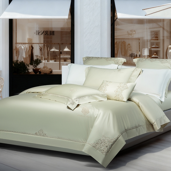 91家纺网 家纺一手货源 找家纺 诗黛尔 2026春夏新款长绒棉刺绣 克罗星系列 克罗星-油果绿