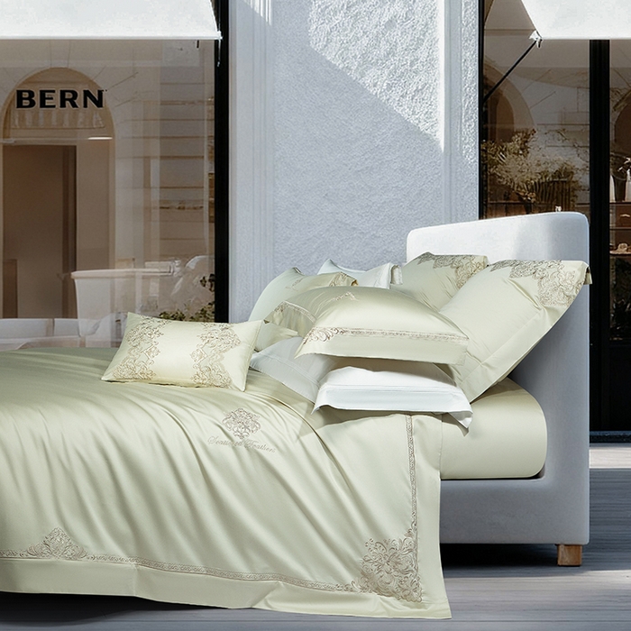 91家纺网 家纺一手货源 找家纺 诗黛尔 2026春夏新款长绒棉刺绣 克罗星系列 克罗星-油果绿