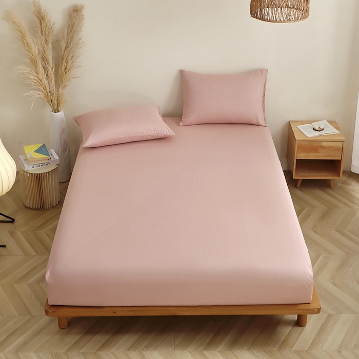 91家纺网 家纺一手货源 找家纺 晶缦家纺 2026新款纯棉纯色A类全棉双层纱单品床笠床笠单件单床笠（水洗预处理）-觅琳系列 觅琳-海天霞