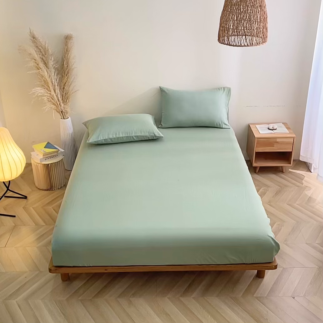 91家纺网 家纺一手货源 找家纺 晶缦家纺 2026新款纯棉纯色A类全棉双层纱单品床笠床笠单件单床笠（水洗预处理）-觅琳系列 觅琳-嫩荷绿