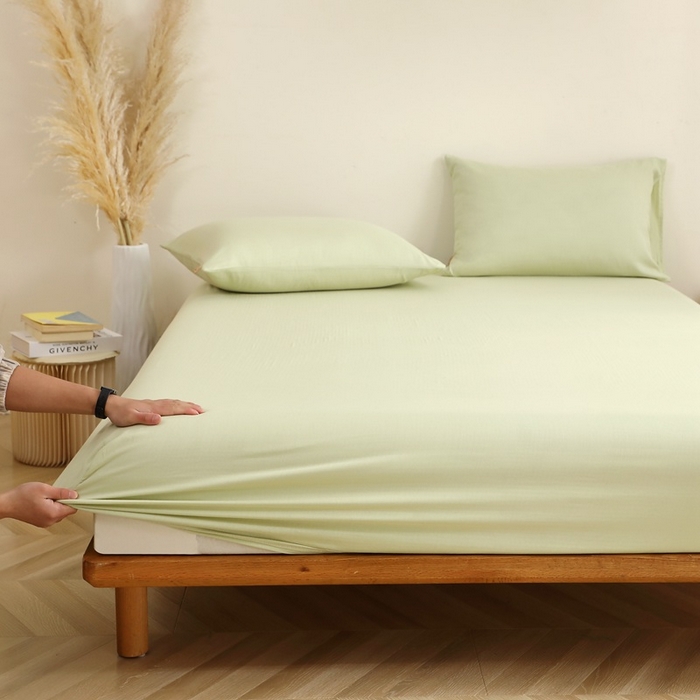 91家纺网 家纺一手货源 找家纺 晶缦家纺 2026新款纯棉纯色A类全棉双层纱单品床笠床笠单件单床笠（水洗预处理）-觅琳系列 觅琳-浅春绿