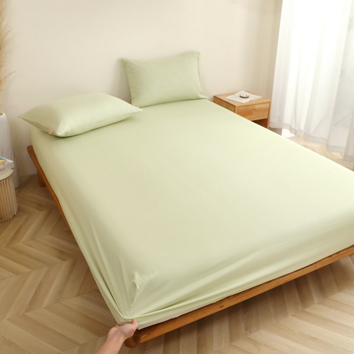 91家纺网 家纺一手货源 找家纺 晶缦家纺 2026新款纯棉纯色A类全棉双层纱单品床笠床笠单件单床笠（水洗预处理）-觅琳系列 觅琳-浅春绿