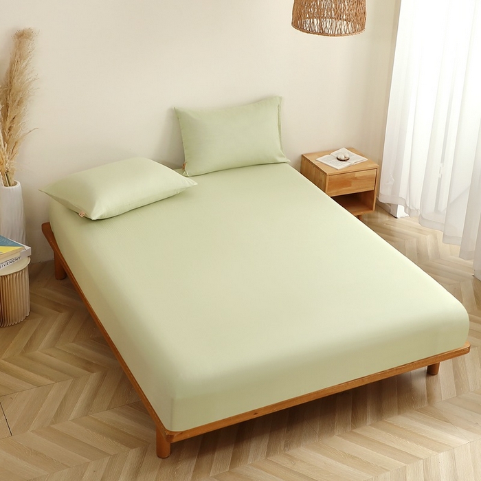 91家纺网 家纺一手货源 找家纺 晶缦家纺 2026新款纯棉纯色A类全棉双层纱单品床笠床笠单件单床笠（水洗预处理）-觅琳系列 觅琳-浅春绿