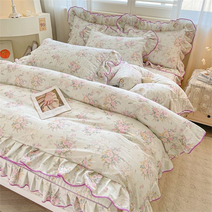 91家纺网 家纺一手货源 找家纺 宜凡家纺 2026新款全棉印花夹棉床笠三件套 朝花心悦