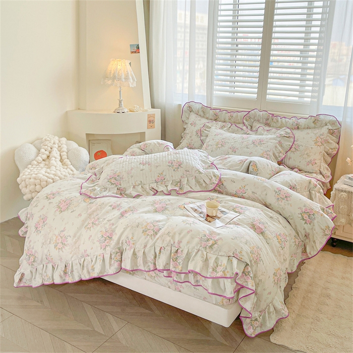 91家纺网 家纺一手货源 找家纺 宜凡家纺 2026新款全棉印花夹棉床笠三件套 朝花心悦