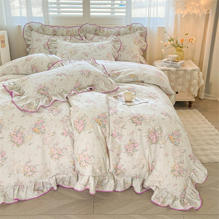 91家纺网 家纺一手货源 找家纺 宜凡家纺 2026新款全棉印花夹棉床笠三件套 朝花心悦