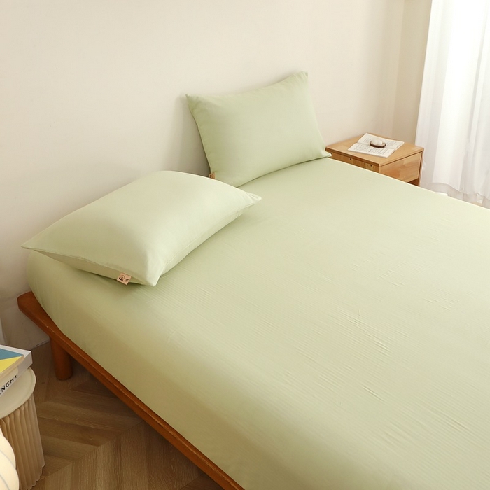 91家纺网 家纺一手货源 找家纺 晶缦家纺 2026新款纯棉纯色A类全棉双层纱单品床笠床笠单件单床笠（水洗预处理）-觅琳系列 觅琳-浅春绿