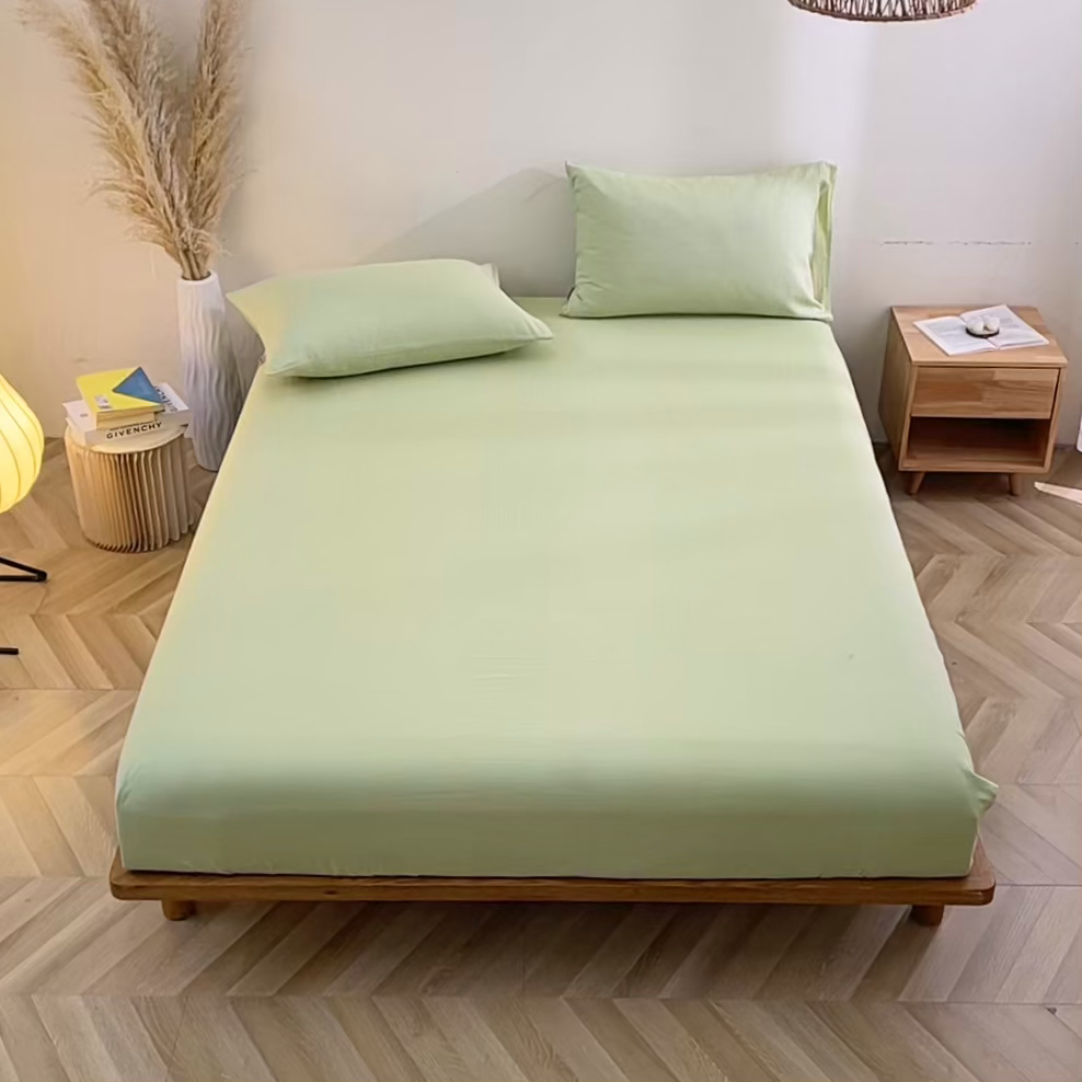 91家纺网 家纺一手货源 找家纺 晶缦家纺 2026新款纯棉纯色A类全棉双层纱单品床笠床笠单件单床笠（水洗预处理）-觅琳系列 觅琳-浅春绿