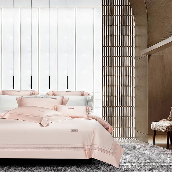 91家纺网 家纺一手货源 找家纺 诗黛尔 2026春夏新款长绒棉刺绣 兰博系列 落樱粉