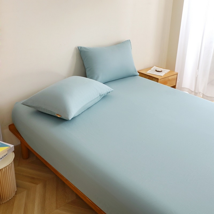 91家纺网 家纺一手货源 找家纺 晶缦家纺 2026新款纯棉纯色A类全棉双层纱单品床笠床笠单件单床笠（水洗预处理）-觅琳系列 觅琳-桃青蓝