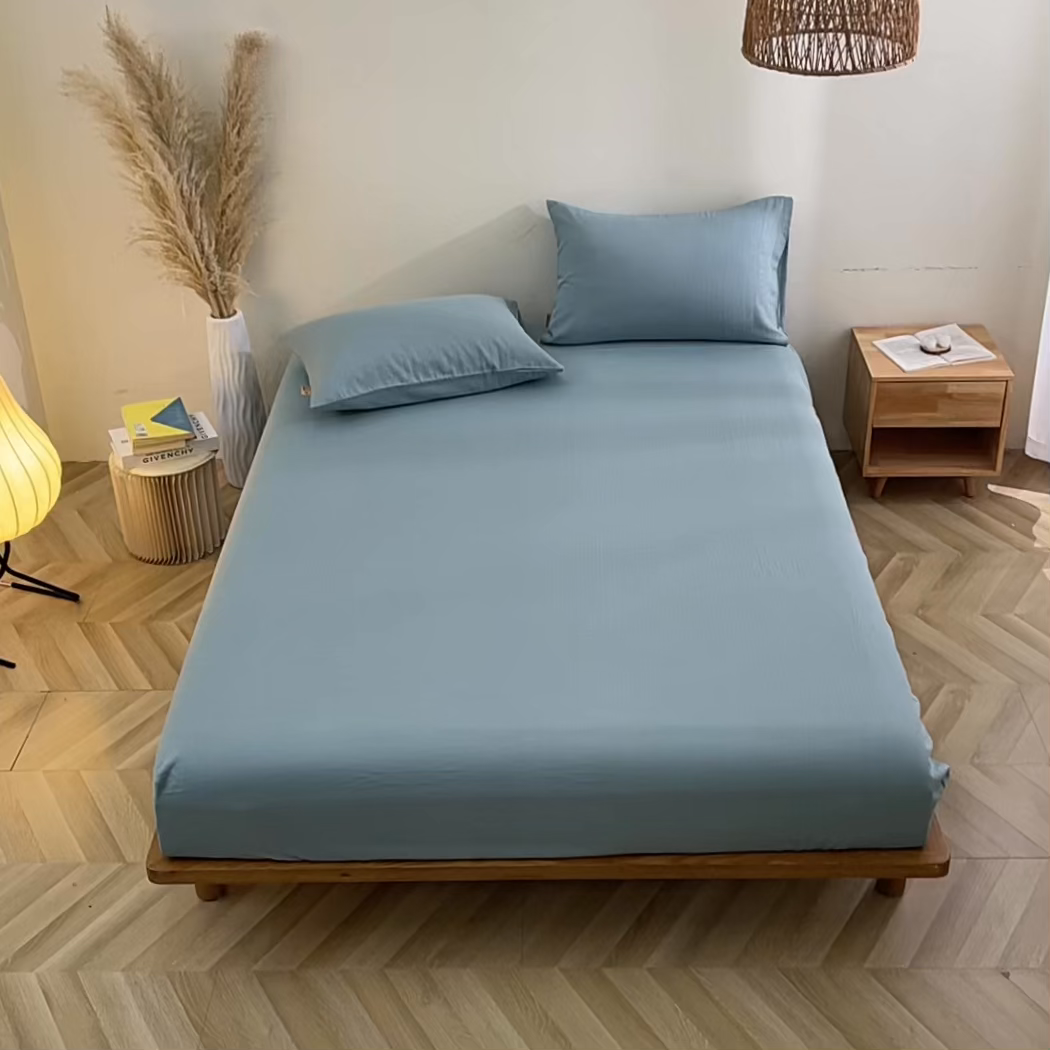 91家纺网 家纺一手货源 找家纺 晶缦家纺 2026新款纯棉纯色A类全棉双层纱单品床笠床笠单件单床笠（水洗预处理）-觅琳系列 觅琳-桃青蓝