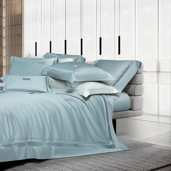 91家纺网 家纺一手货源 找家纺 诗黛尔 2026春夏新款长绒棉刺绣 兰博系列 极光蓝