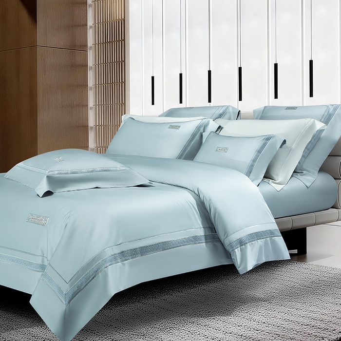 91家纺网 家纺一手货源 找家纺 诗黛尔 2026春夏新款长绒棉刺绣 兰博系列 极光蓝