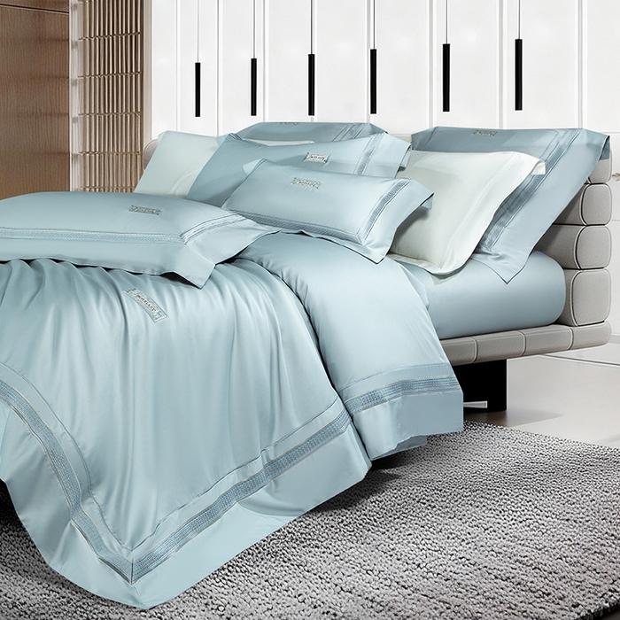 91家纺网 家纺一手货源 找家纺 诗黛尔 2026春夏新款长绒棉刺绣 兰博系列 极光蓝