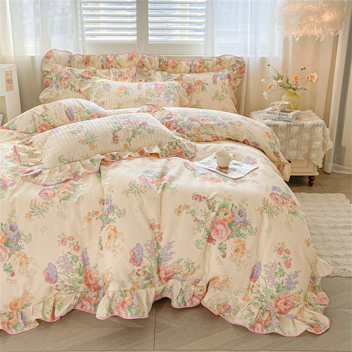 91家纺网 家纺一手货源 找家纺 宜凡家纺 2026新款全棉印花夹棉床笠三件套 春色入梦