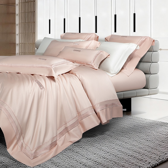 91家纺网 家纺一手货源 找家纺 诗黛尔 2026春夏新款长绒棉刺绣 兰博系列 落樱粉