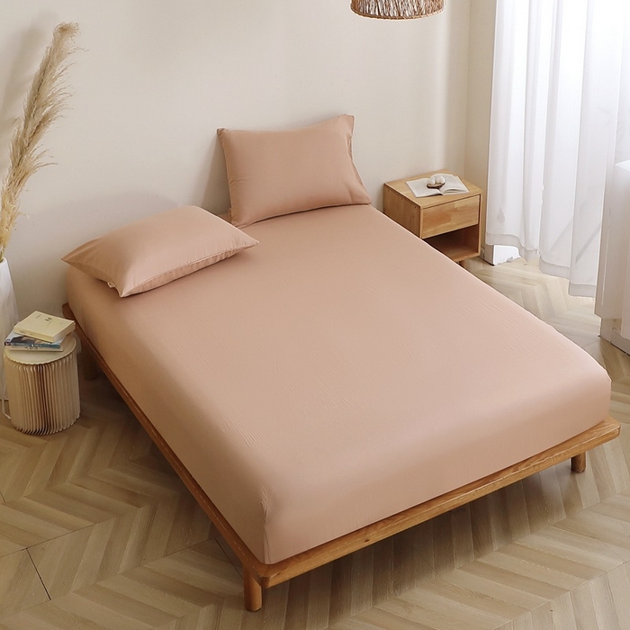 91家纺网 家纺一手货源 找家纺 晶缦家纺 2026新款纯棉纯色A类全棉双层纱单品床笠床笠单件单床笠（水洗预处理）-觅琳系列 觅琳-朱颜酡