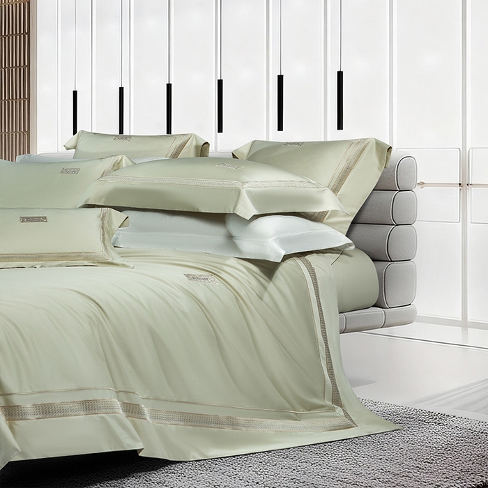 91家纺网 家纺一手货源 找家纺 诗黛尔 2026春夏新款长绒棉刺绣 兰博系列 油果绿