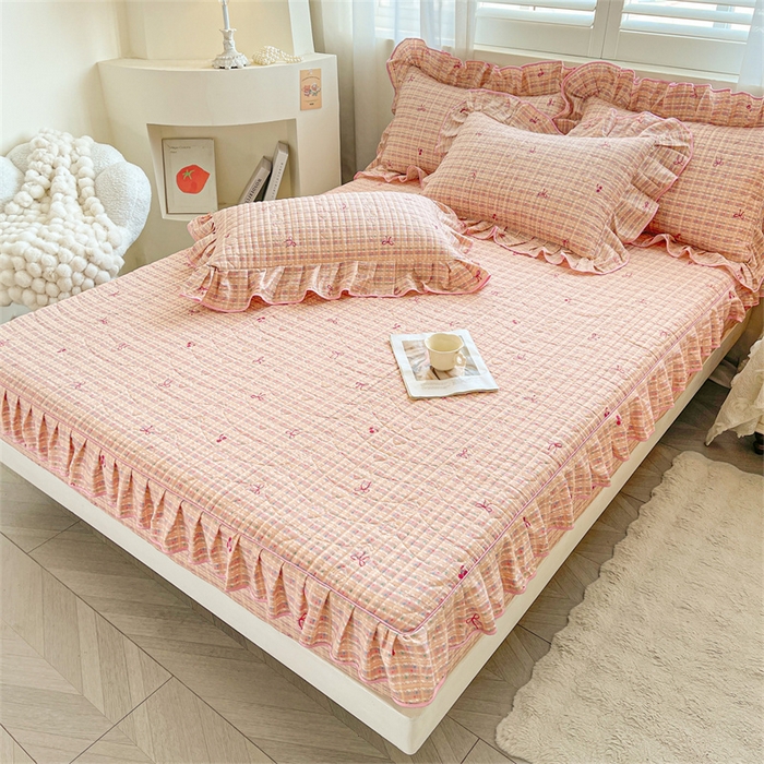 91家纺网 家纺一手货源 找家纺 宜凡家纺 2026新款全棉印花夹棉床笠三件套 樱桃蝴蝶结