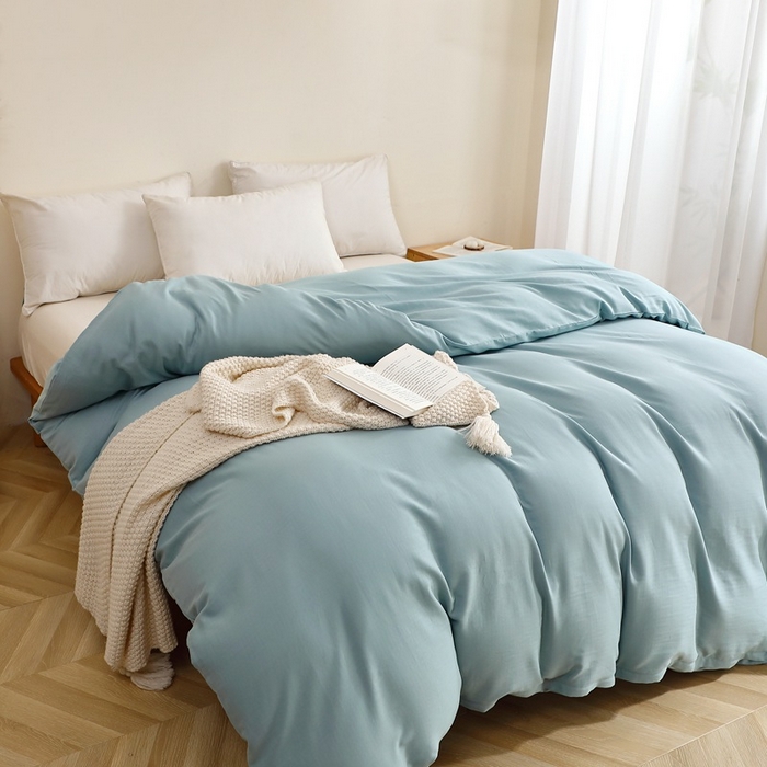 91家纺网 家纺一手货源 找家纺 晶缦家纺 2026新款纯棉纯色A类全棉双层纱单品被套被套单件单被套（水洗预处理）-觅琳系列 觅琳-桃青蓝