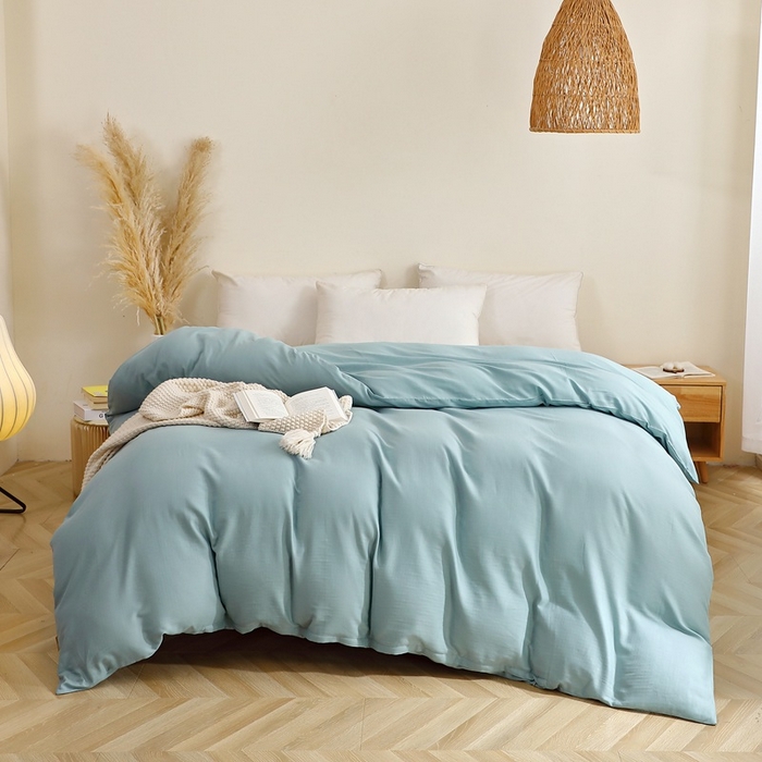 91家纺网 家纺一手货源 找家纺 晶缦家纺 2026新款纯棉纯色A类全棉双层纱单品被套被套单件单被套（水洗预处理）-觅琳系列 觅琳-桃青蓝