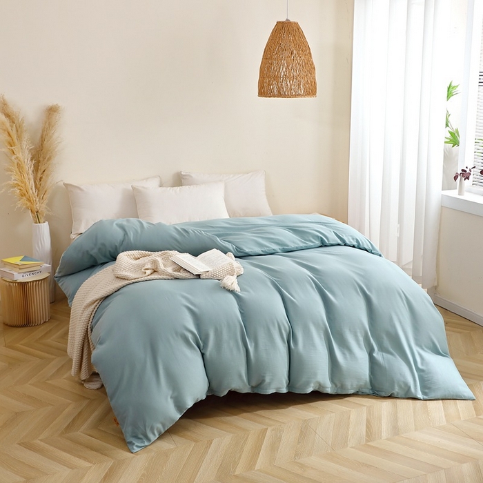 91家纺网 家纺一手货源 找家纺 晶缦家纺 2026新款纯棉纯色A类全棉双层纱单品被套被套单件单被套（水洗预处理）-觅琳系列 觅琳-桃青蓝