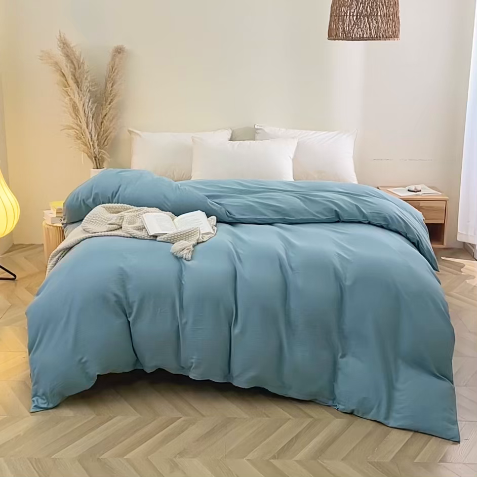 91家纺网 家纺一手货源 找家纺 晶缦家纺 2026新款纯棉纯色A类全棉双层纱单品被套被套单件单被套（水洗预处理）-觅琳系列 觅琳-桃青蓝