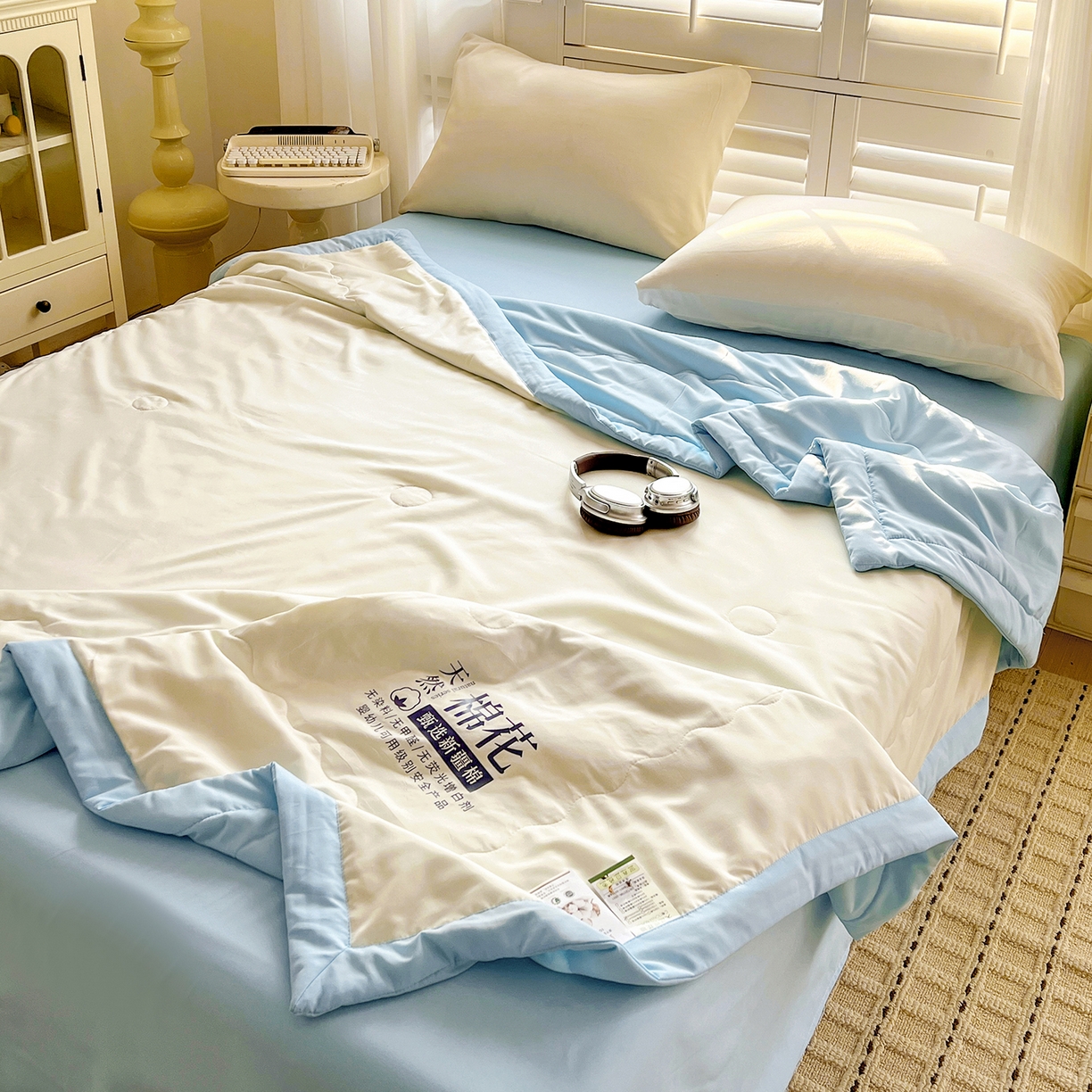 91家纺网 家纺一手货源 找家纺 易展家居 2026新款水洗棉新疆棉花夏被-棉花2 棉花-白拼蓝