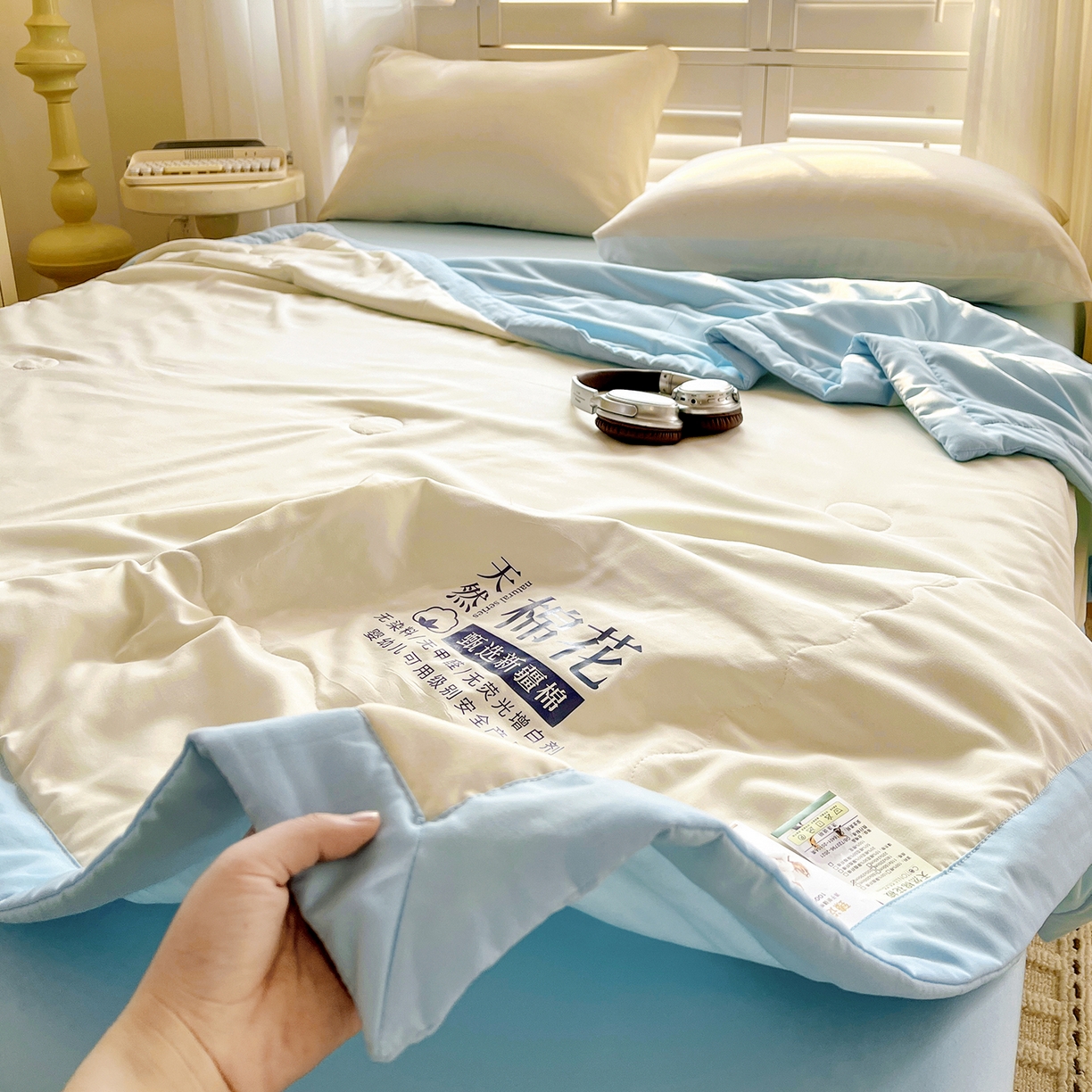 91家纺网 家纺一手货源 找家纺 易展家居 2026新款水洗棉新疆棉花夏被-棉花2 棉花-白拼蓝