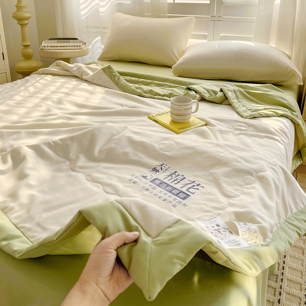 91家纺网 家纺一手货源 找家纺 易展家居 2026新款水洗棉新疆棉花夏被-棉花2 棉花-白拼绿