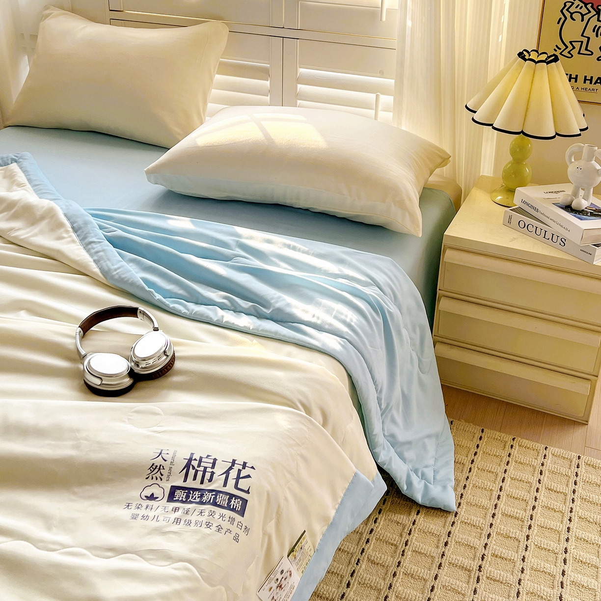 91家纺网 家纺一手货源 找家纺 易展家居 2026新款水洗棉新疆棉花夏被-棉花2 棉花-白拼蓝