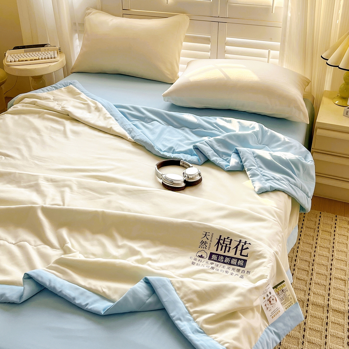 91家纺网 家纺一手货源 找家纺 易展家居 2026新款水洗棉新疆棉花夏被-棉花2 棉花-白拼蓝