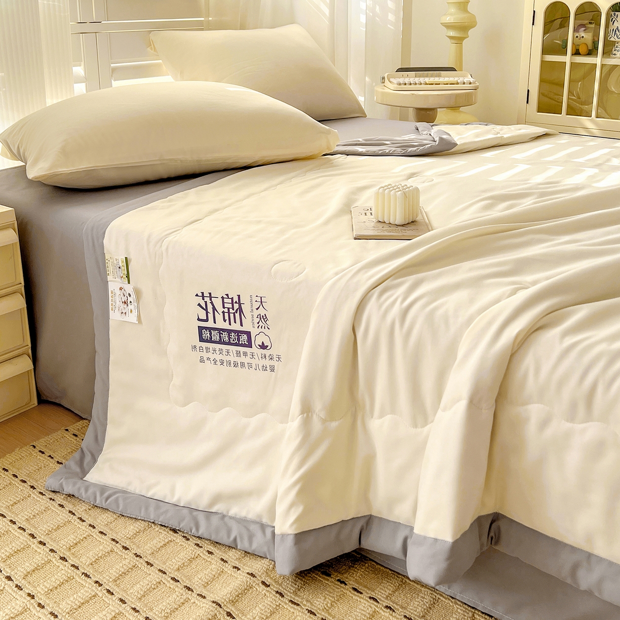 91家纺网 家纺一手货源 找家纺 易展家居 2026新款水洗棉新疆棉花夏被-棉花2 棉花-白拼灰