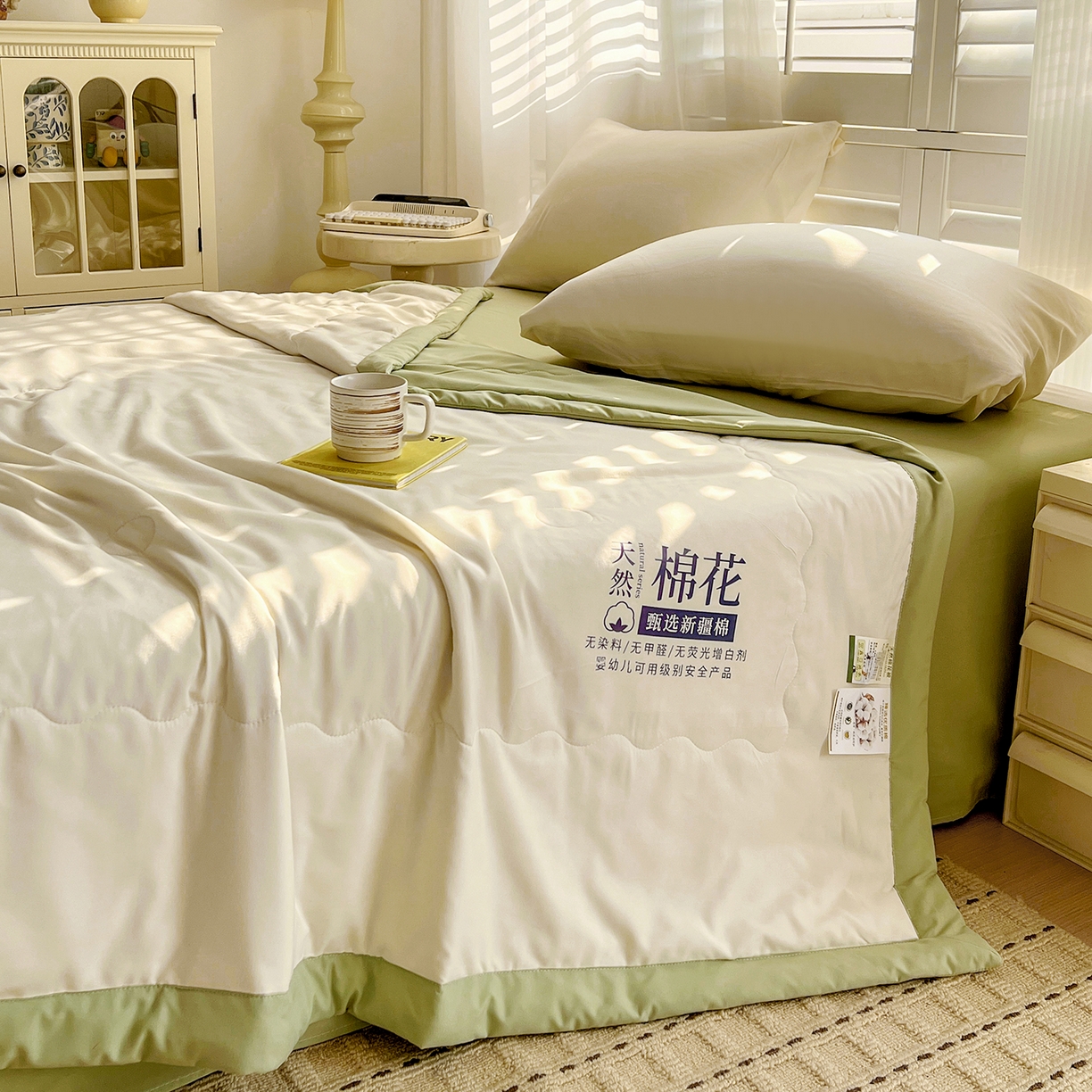 91家纺网 家纺一手货源 找家纺 易展家居 2026新款水洗棉新疆棉花夏被-棉花2 棉花-白拼绿