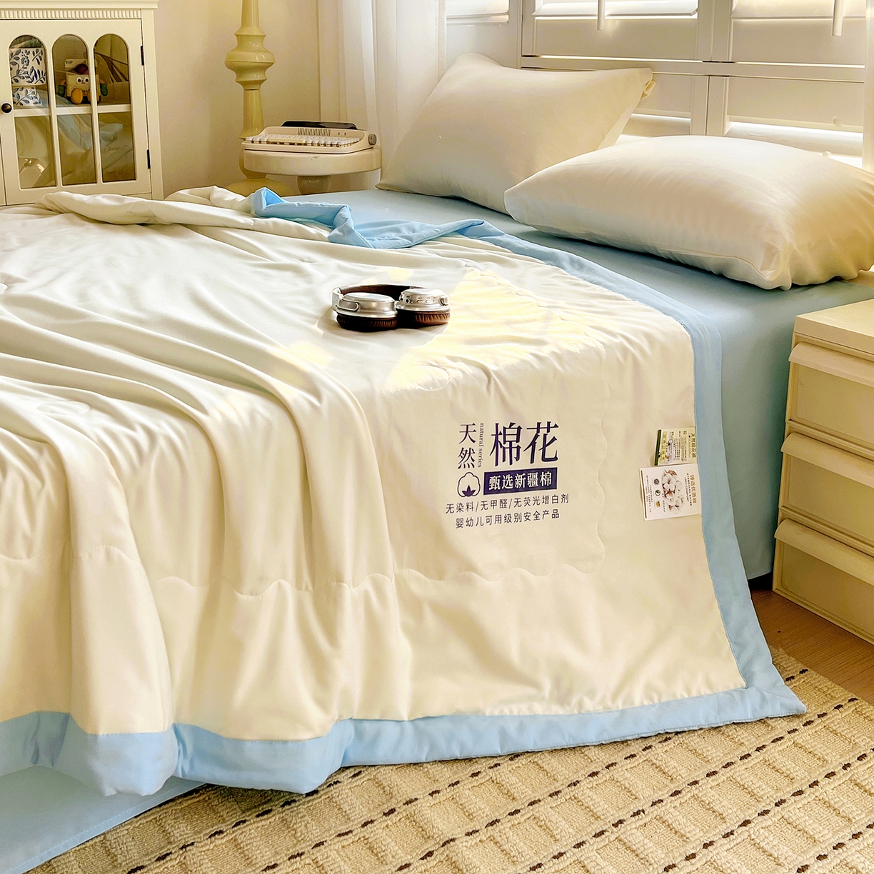 91家纺网 家纺一手货源 找家纺 易展家居 2026新款水洗棉新疆棉花夏被-棉花2 棉花-白拼蓝