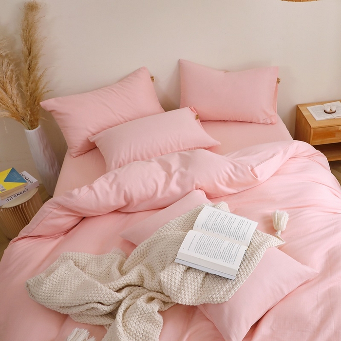 91家纺网 家纺一手货源 找家纺 晶缦家纺 2026新款纯棉纯色A类全棉双层纱四件套（水洗预处理）-觅琳系列 觅琳-暮云粉