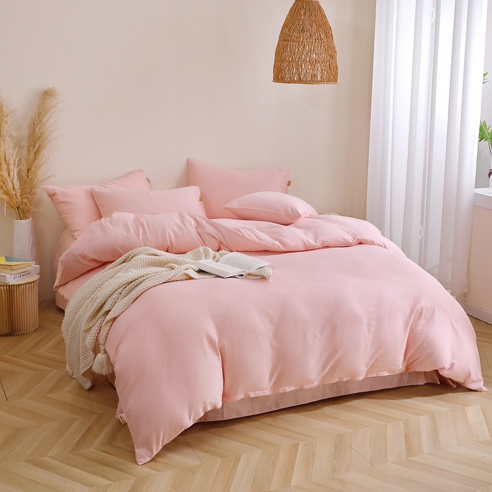 91家纺网 家纺一手货源 找家纺 晶缦家纺 2026新款纯棉纯色A类全棉双层纱四件套（水洗预处理）-觅琳系列 觅琳-暮云粉