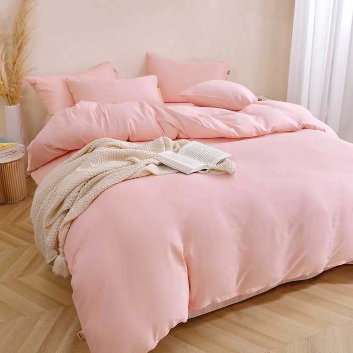 91家纺网 家纺一手货源 找家纺 晶缦家纺 2026新款纯棉纯色A类全棉双层纱四件套（水洗预处理）-觅琳系列 觅琳-暮云粉