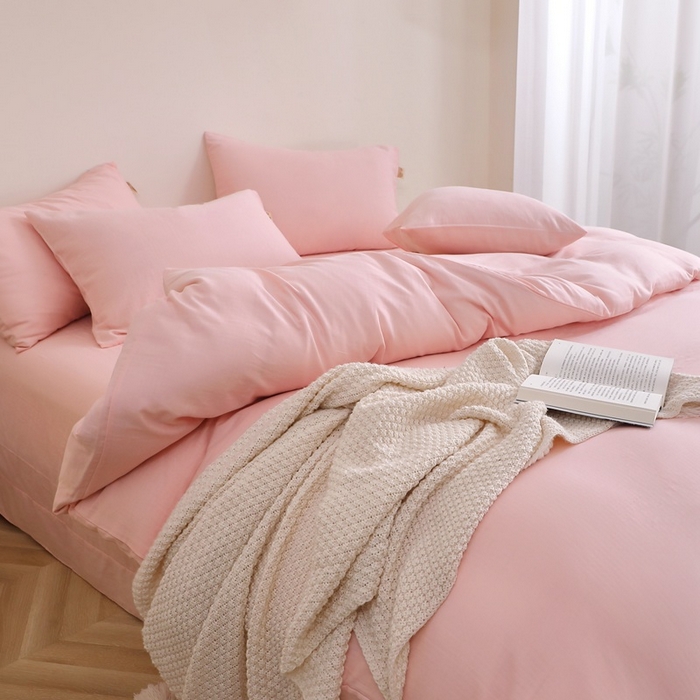 91家纺网 家纺一手货源 找家纺 晶缦家纺 2026新款纯棉纯色A类全棉双层纱四件套（水洗预处理）-觅琳系列 觅琳-暮云粉