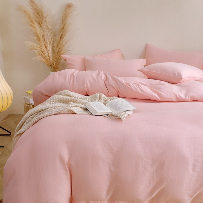 91家纺网 家纺一手货源 找家纺 晶缦家纺 2026新款纯棉纯色A类全棉双层纱四件套（水洗预处理）-觅琳系列 觅琳-暮云粉