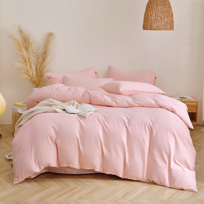 91家纺网 家纺一手货源 找家纺 晶缦家纺 2026新款纯棉纯色A类全棉双层纱四件套（水洗预处理）-觅琳系列 觅琳-暮云粉