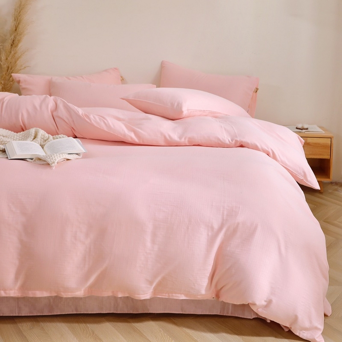 91家纺网 家纺一手货源 找家纺 晶缦家纺 2026新款纯棉纯色A类全棉双层纱四件套（水洗预处理）-觅琳系列 觅琳-暮云粉