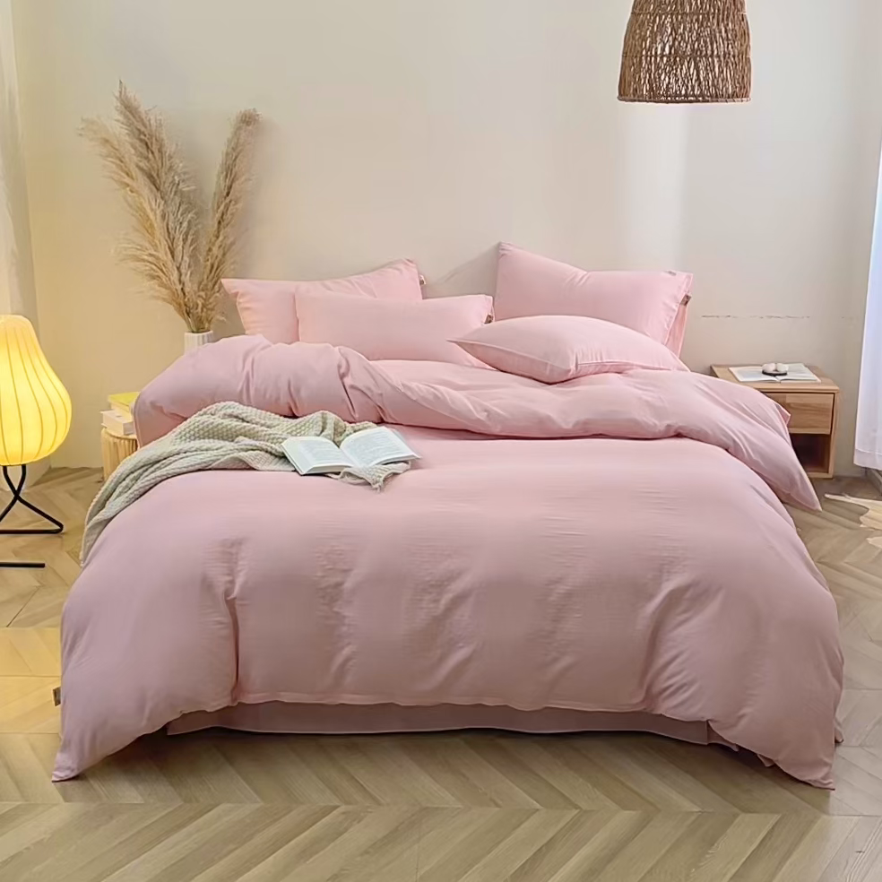 91家纺网 家纺一手货源 找家纺 晶缦家纺 2026新款纯棉纯色A类全棉双层纱四件套（水洗预处理）-觅琳系列 觅琳-暮云粉