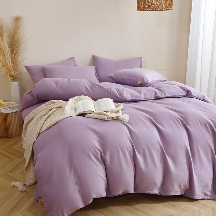 91家纺网 家纺一手货源 找家纺 晶缦家纺 2026新款纯棉纯色A类全棉双层纱四件套（水洗预处理）-觅琳系列 觅琳-木槿紫